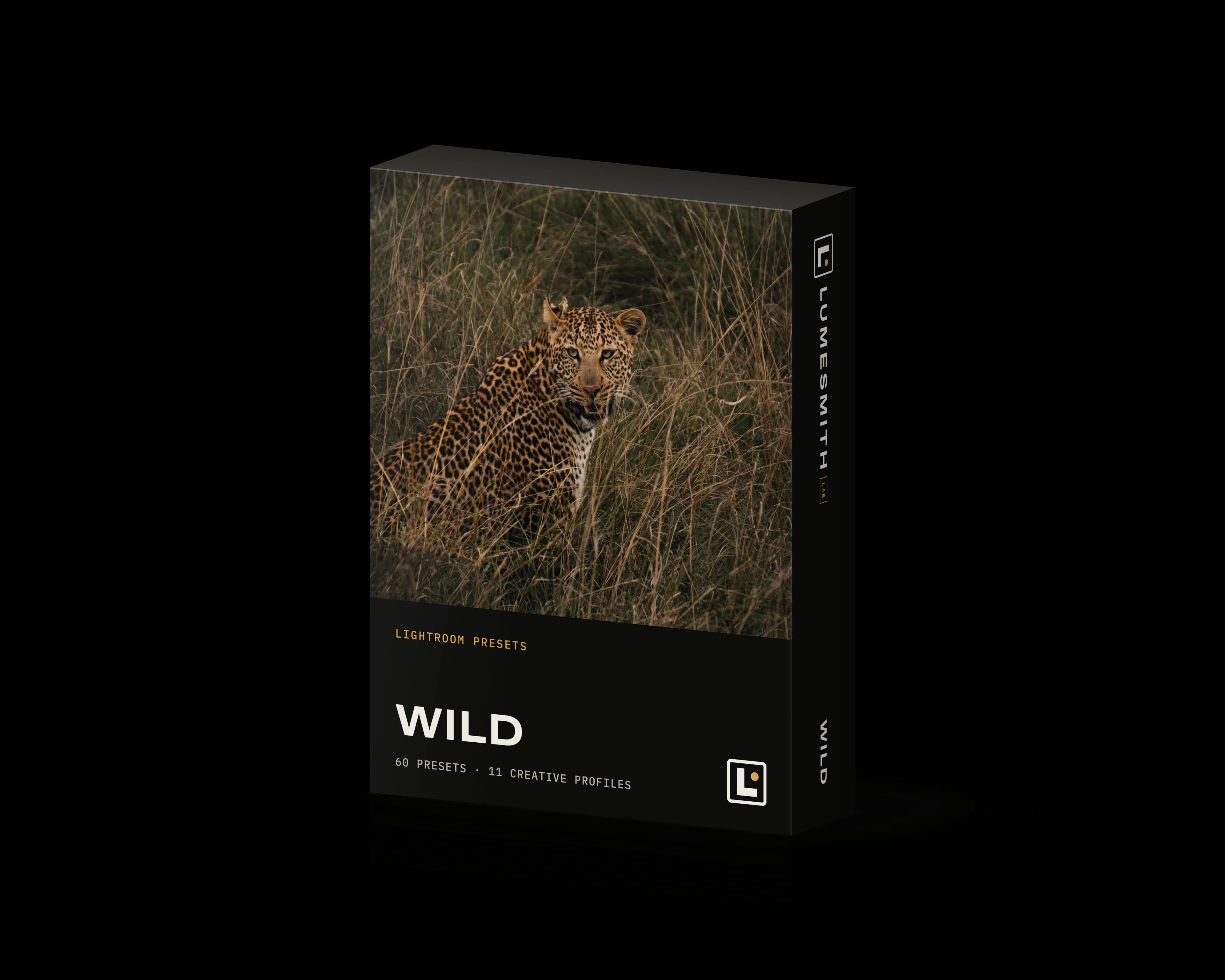 Boîte du pack de presets Lightroom Wild, avec un léopard dans les hautes herbes en façade