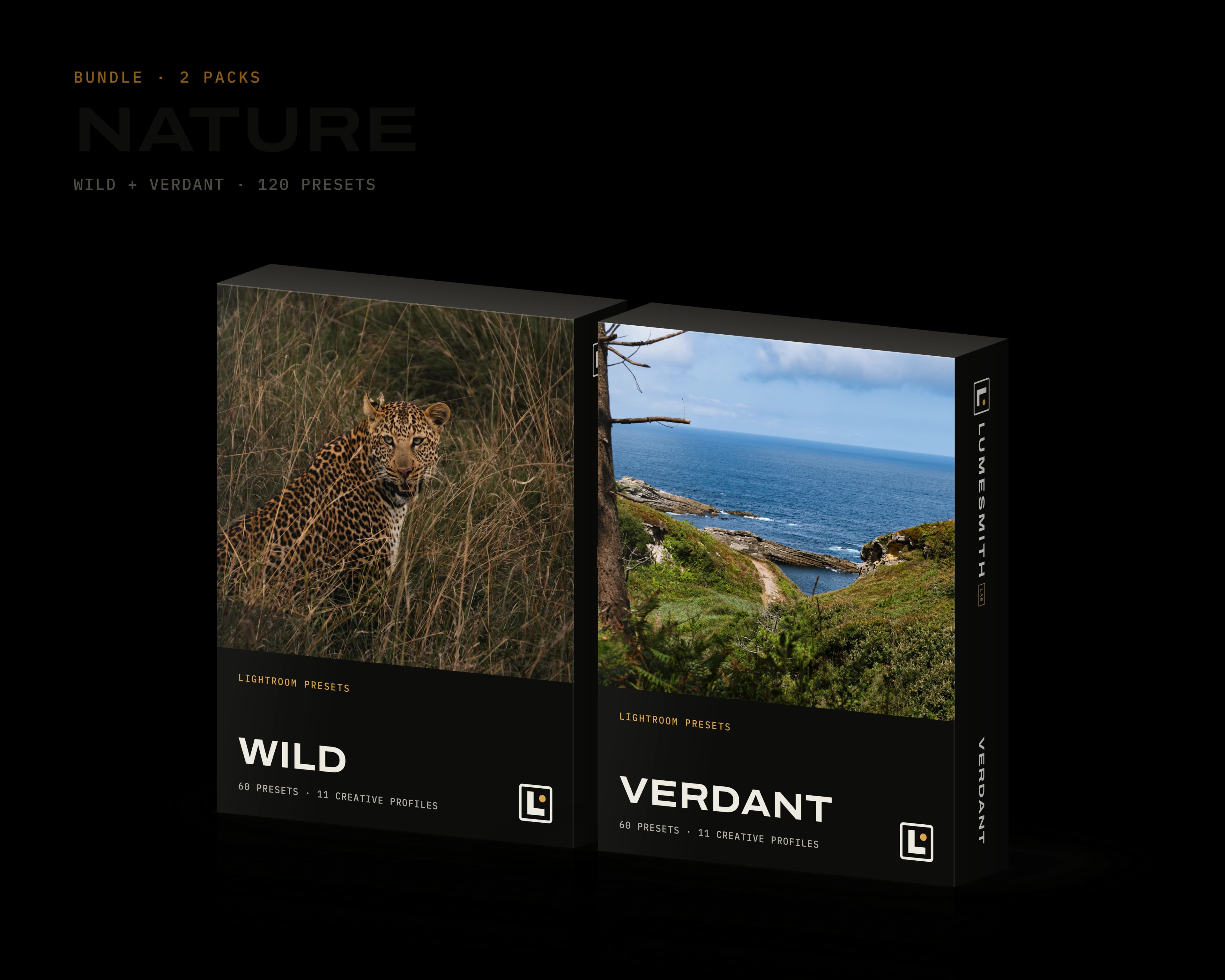 Les boîtes des packs Wild et Verdant côte à côte, sous le titre du bundle Nature