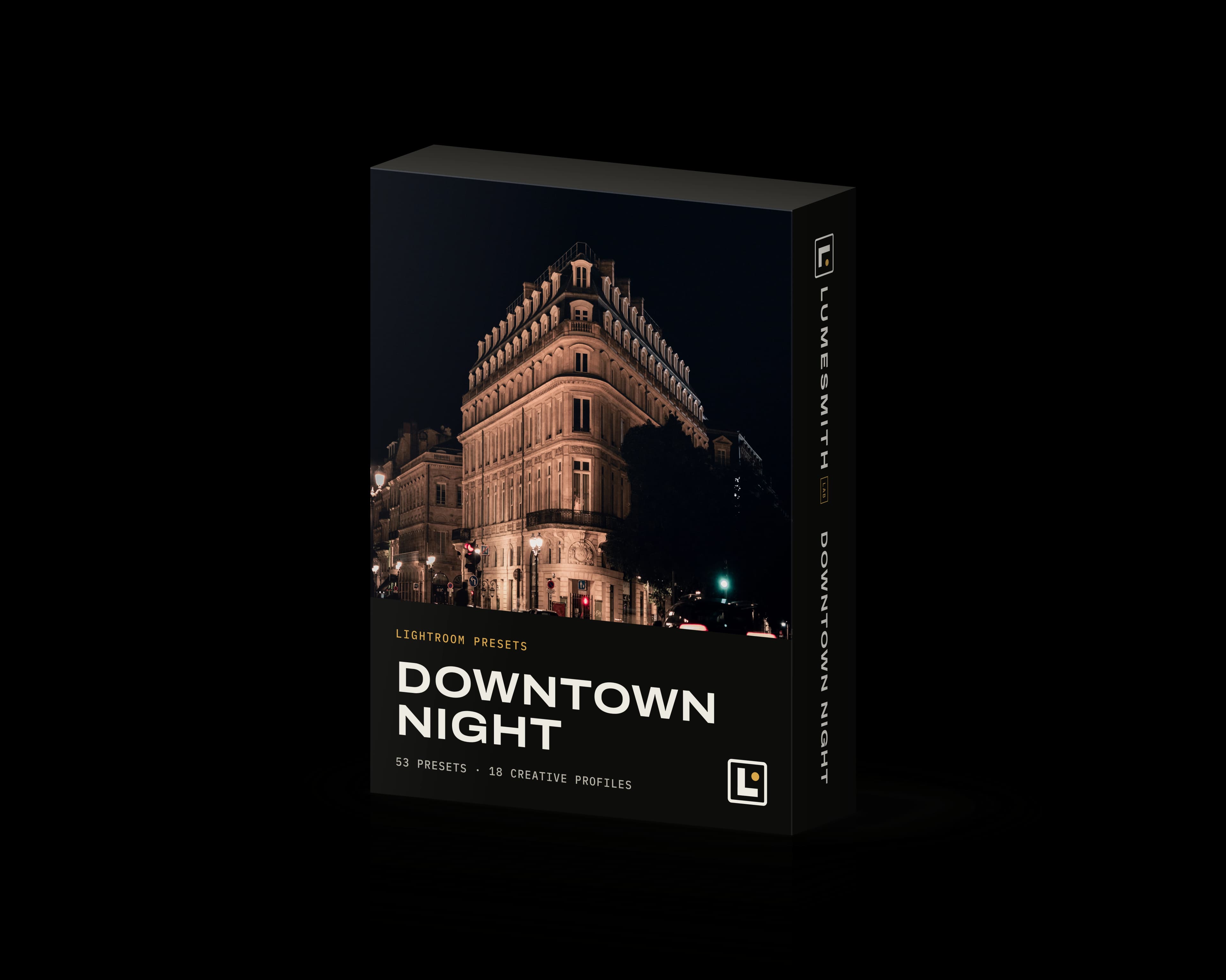 Box of the Downtown Night Lightroom preset pack, with a corner building in Bordeaux at night on the front