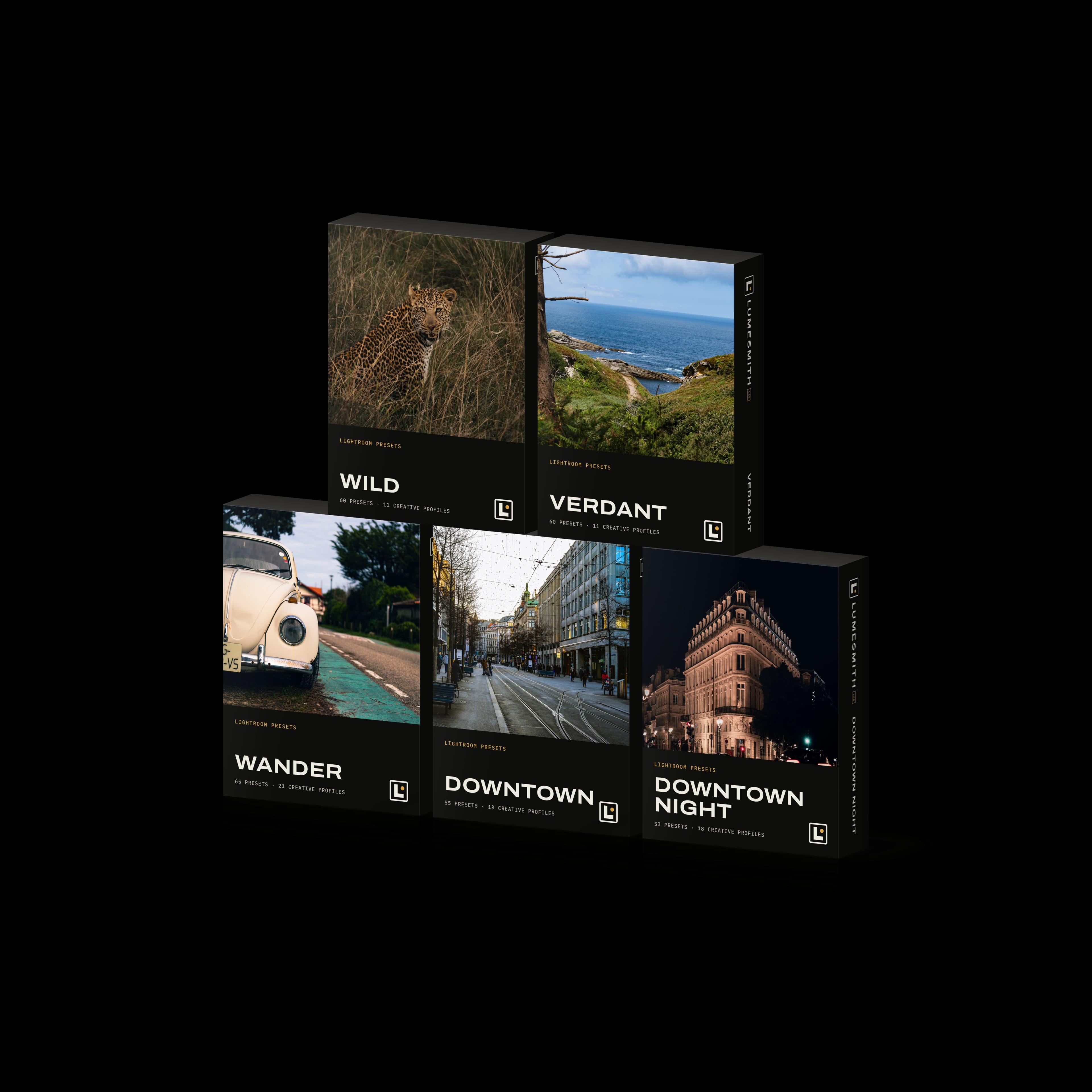 The five Lumesmith Lab preset pack boxes stacked in a pyramid: Wild and Verdant on top of Wander, Downtown and Downtown Night