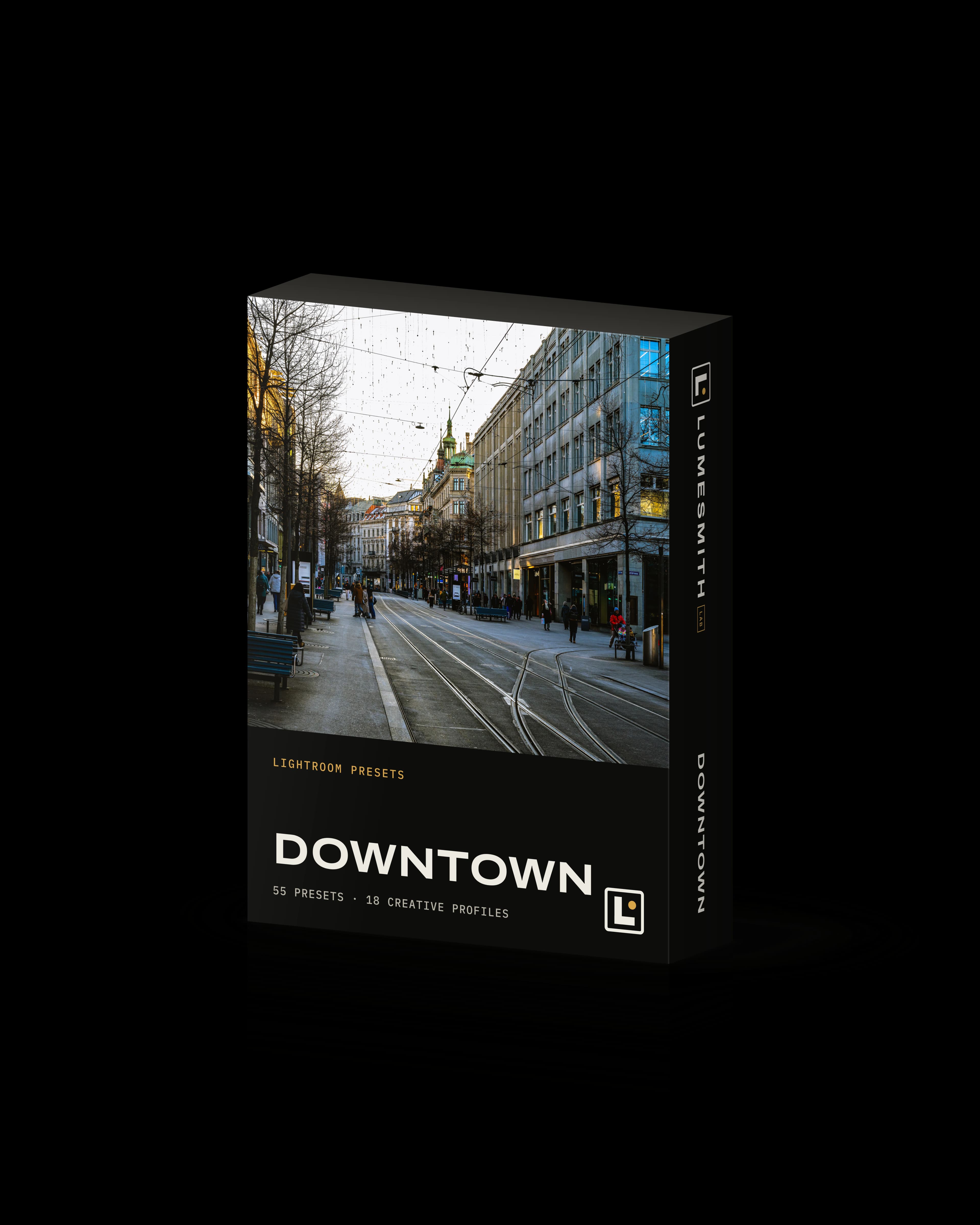 Box of the Downtown Lightroom preset pack, with a Zurich shopping street and its tram tracks on the front