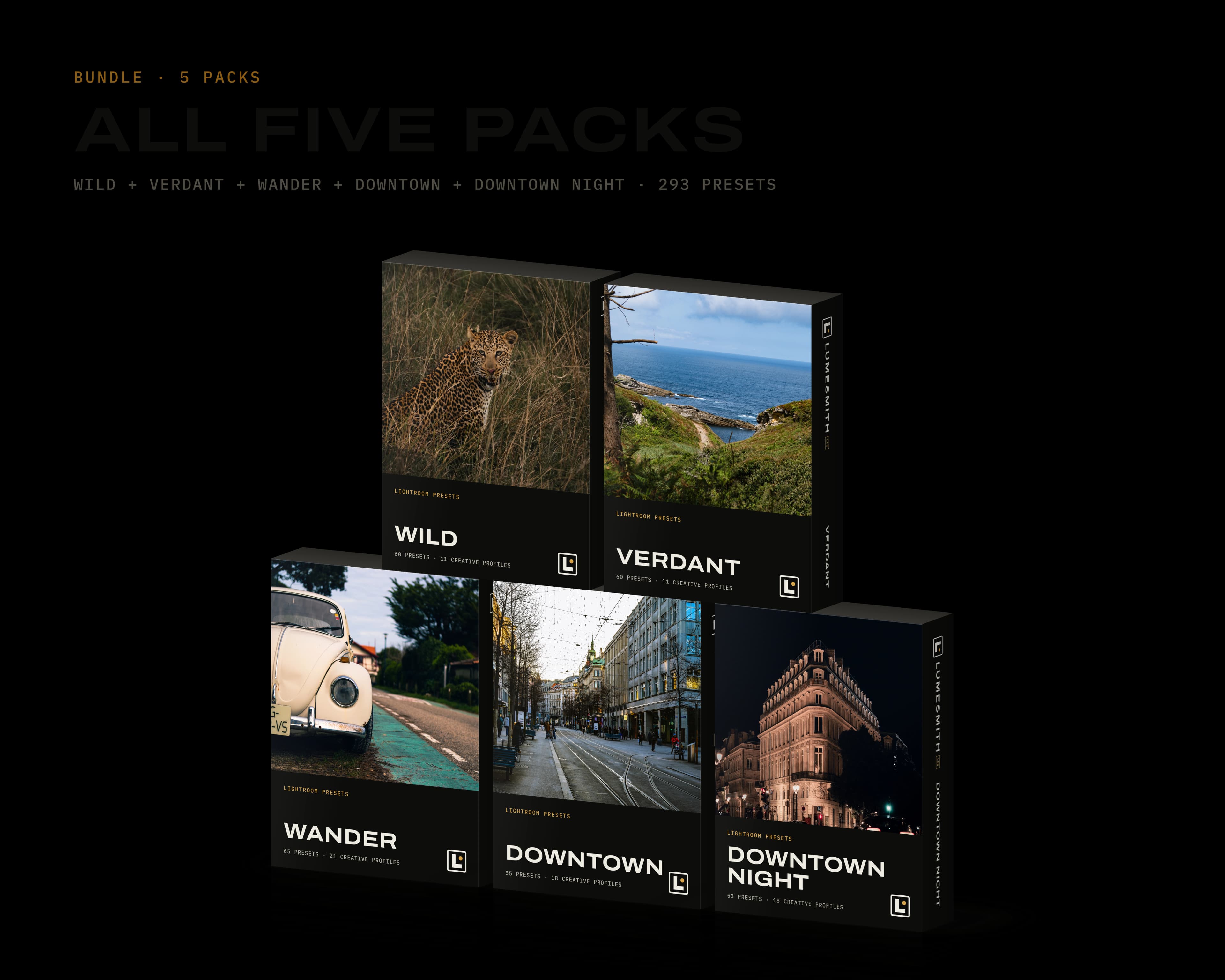 The five preset pack boxes stacked in a pyramid: Wild and Verdant on top of Wander, Downtown and Downtown Night
