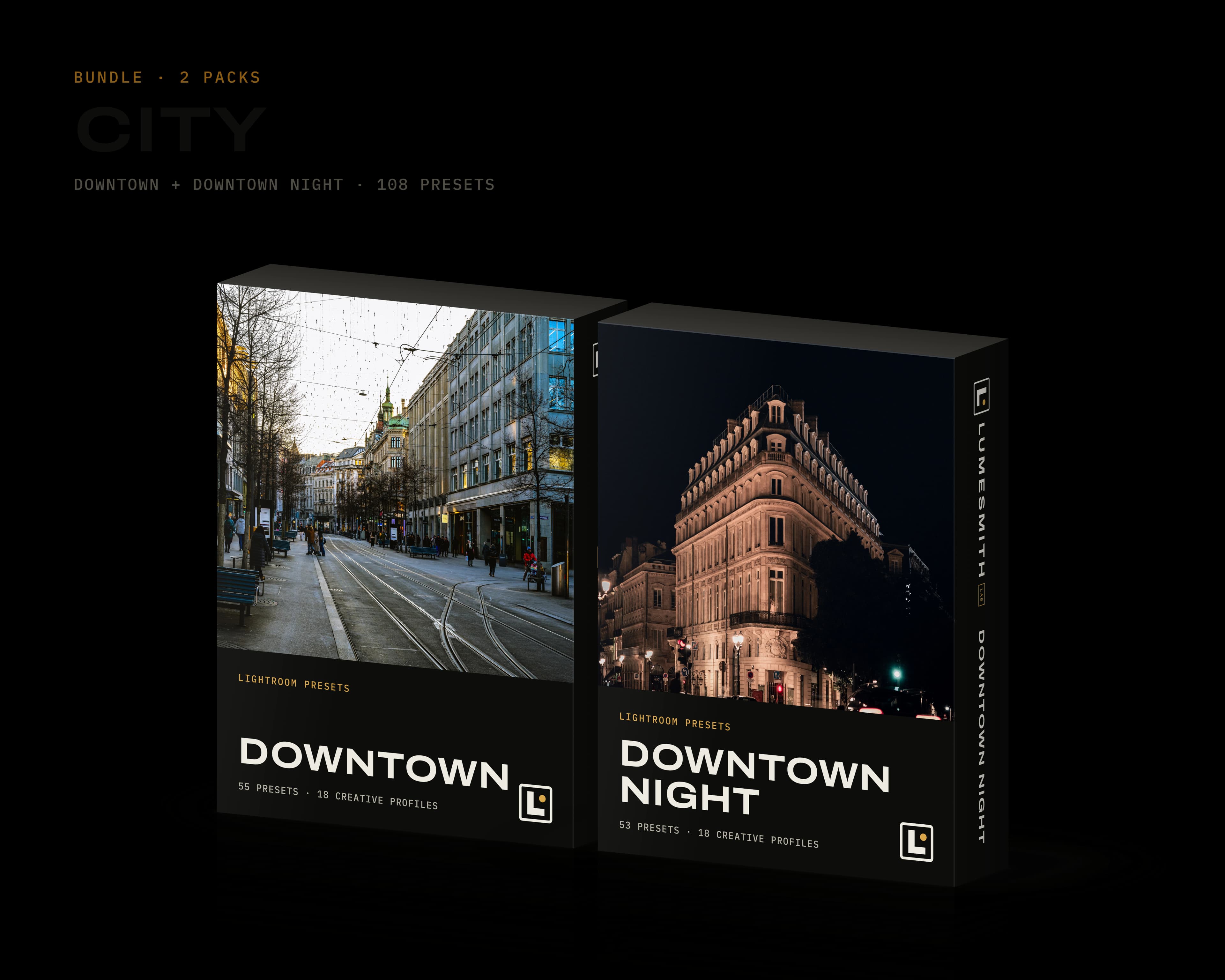 Les boîtes des packs Downtown et Downtown Night côte à côte, sous le titre du bundle City