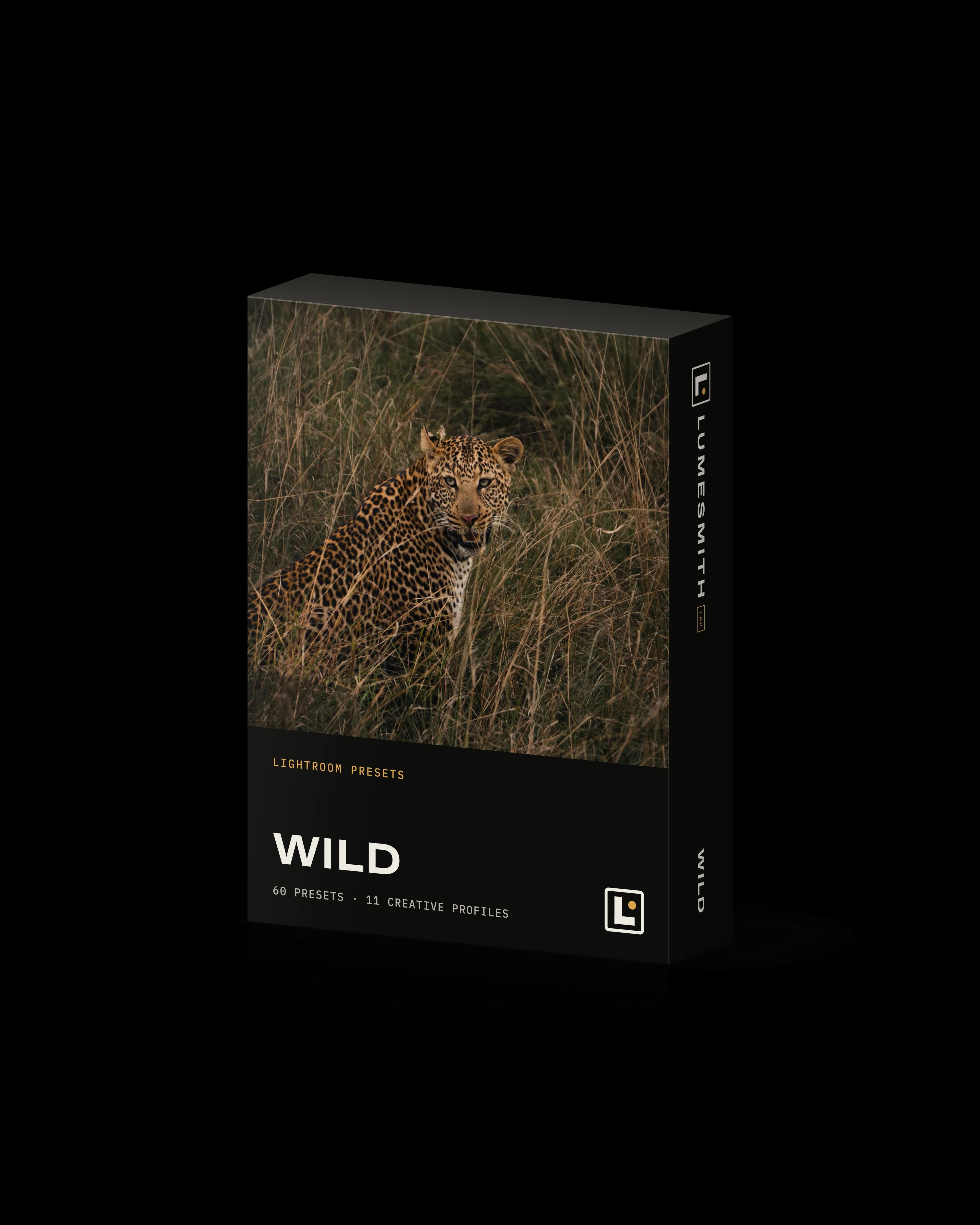 Box of the Wild Lightroom preset pack, with a leopard in tall grass on the front
