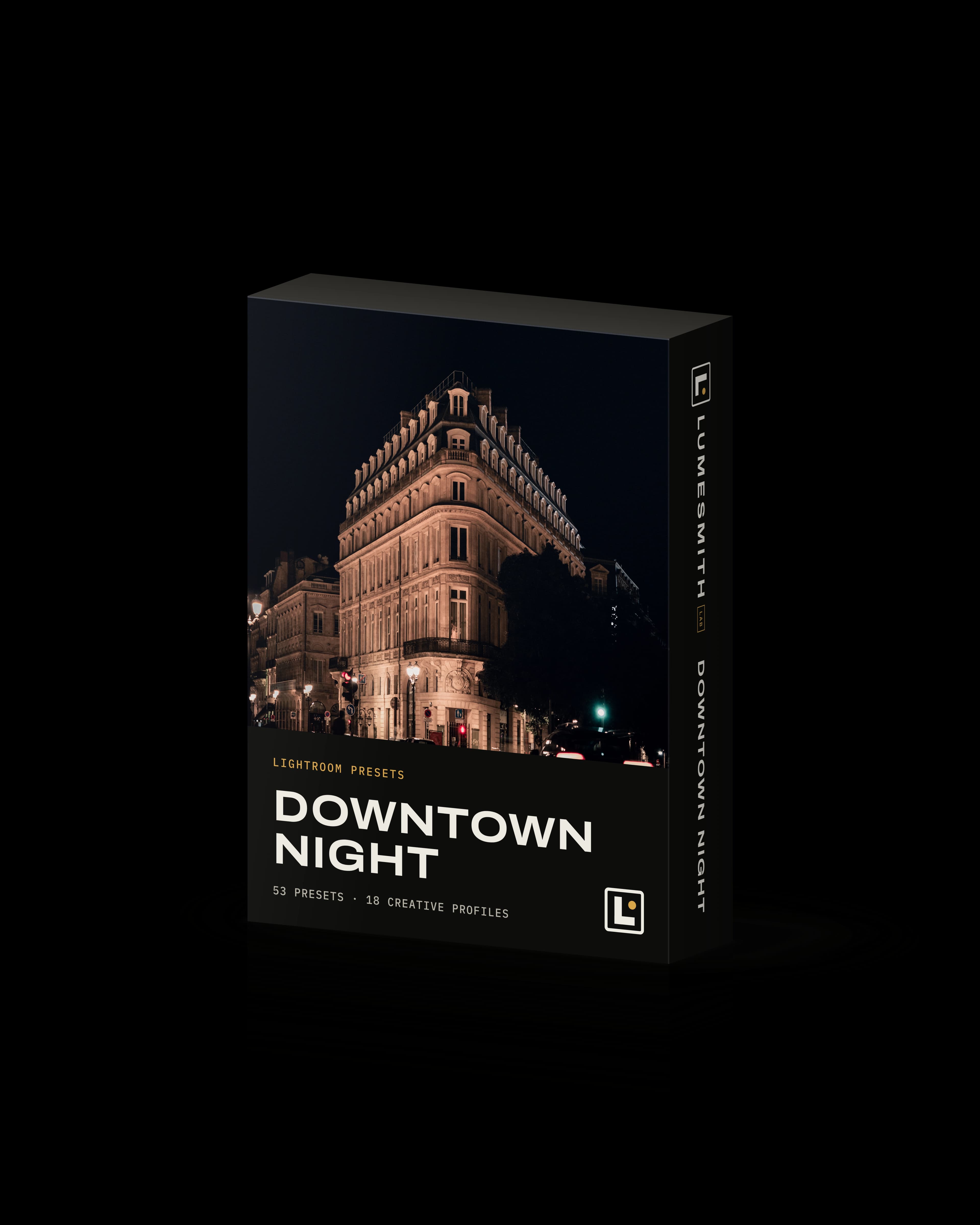 Box of the Downtown Night Lightroom preset pack, with a corner building in Bordeaux at night on the front
