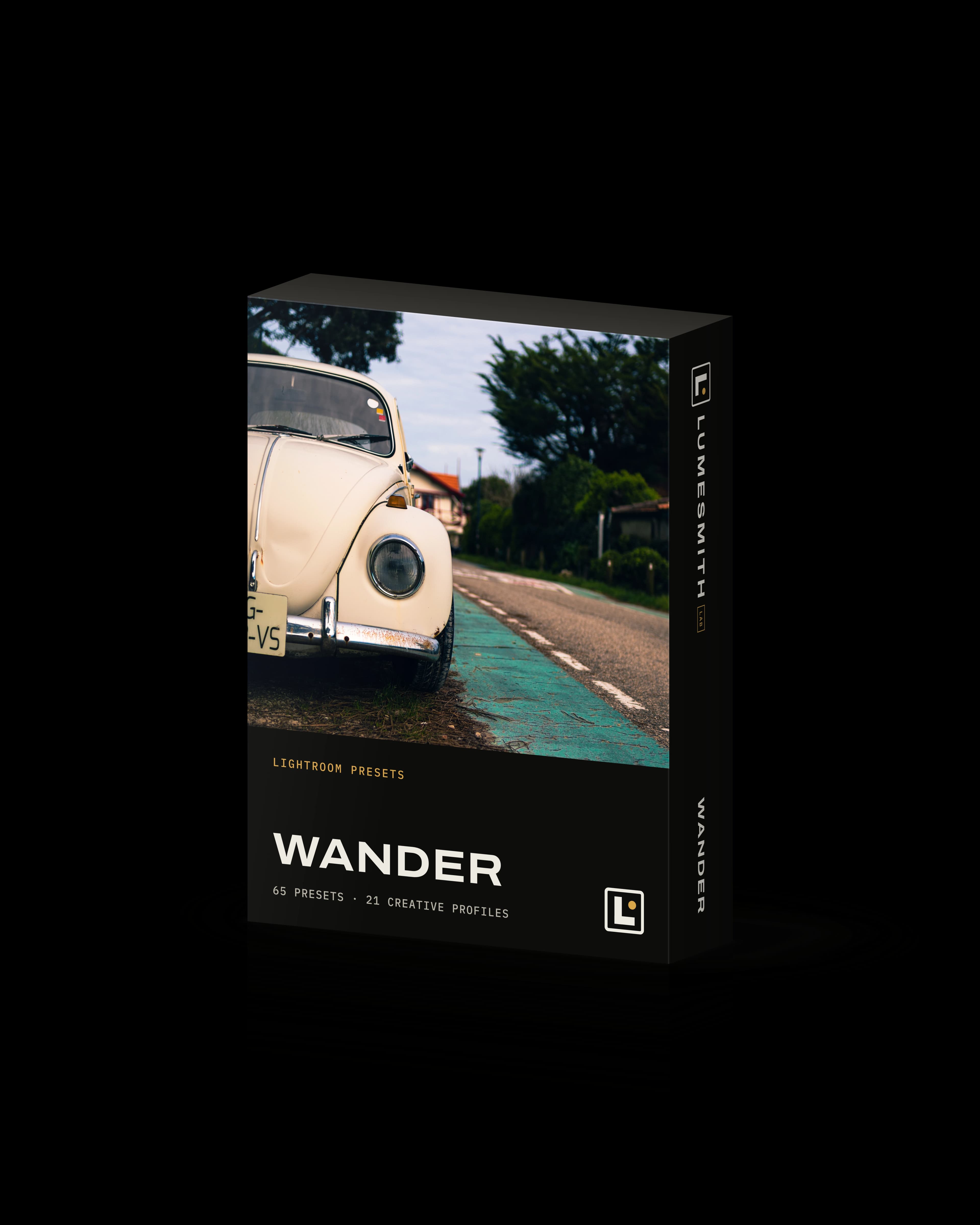 Box of the Wander Lightroom preset pack, with a vintage cream car by a teal cycle lane on the front